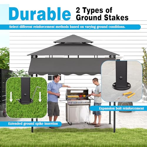 TITIMO 8'x 8' x 7.8' Double Tiered Grill Gazebo with Side Awning,Outdoor Patio BBQ Pergola, Heavy-Duty Metal Frame Canopy Tent with Side Shelves,Hooks,Bottle Opener for Lawn Deck and Garden (Gray) - color: Gray