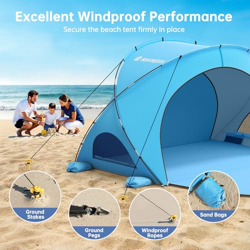 Raynesys Beach Tent Sun Shelter, Beach Shade Tent with UPF50+ UV Protection, Portable Sun Shelter for 1-3 Person, Shade Tents with 2 Zippered Doors for Sand Camping Fishing, Blue - color: Blue, size: For 3 Person
