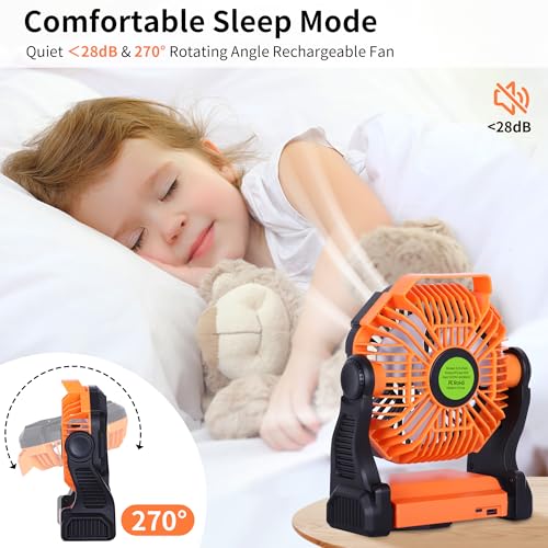 Portable Fan Rechargeable Battery Powered Fan,270°Pivot Cordless Battery Operated Camping Fans with LED Light & Hook,USB Personal Fans Outdoor Camping Essentials for Tent Beach Travel Reading - color: Orange