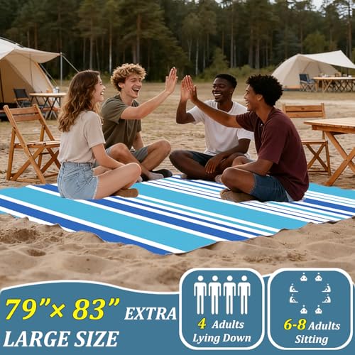 Beach Blanket Waterproof Sandproof Beach Mat 79" X 83" for 2-8 Adults, Sand Free Mat Quick Drying for Travel, Camping, Hiking with 4 Stakes & 4 Corner Pockets (Stripe) - color: Stripe
