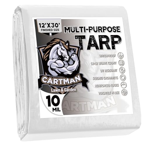 CARTMAN Finished Size 12x30 Feet 10 Mil White Heavy Duty Poly Tarp, Multipurpose Protective Cover, UV Resistant, Waterproof Poly Tarpaulin with Reinforced Edges Tarpaulin with Reinforced Edges - color: White/10mil, size: 12'×30'