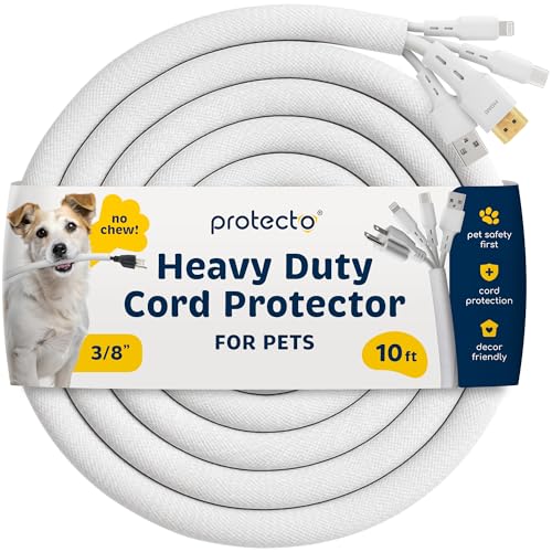 PROTECTO Heavy Duty Dog & Cat Cord Protector 10ft Long Sleeve, Easy-to-Use 3/8 in Cord Cover for Pet, Odorless White Color, No Chew Solution for Power, Audio & Video Wire Tubing, Fits 4-6 Cables - color: White, size: 3/8"-10ft - 1pk
