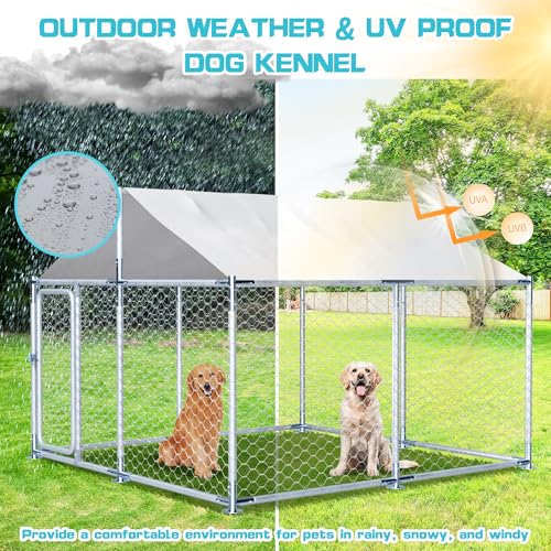 7.5ft×7.5ft Large Metal Dogs Kennels Outdoor,Waterproof Anti-Ultraviolet roof Cover Galvanized Steel Cage Fence Playpen with Lockable Door (90" D×90" W×63" H) - size: 90"D×90"W×63"H