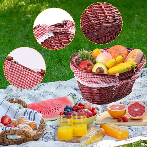 1 Pack 14.2 Inch Brown Wicker Basket with Checkered Lining, Oval Wicker Woven Basket with Handle, Willow Woven Picnic Baskets for Picnic, Camping, Party - size: 1 Pack 14.2in Brown