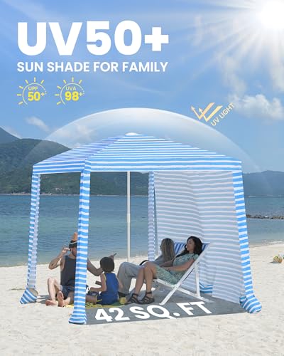 Qipi Beach Cabanas for Sand, Beach Canopy with Sandbags & Side Wall for Family, Easy Set Up Sun Shelter, UPF 50+ UV Protection with Roof Vent - color: 6.5' x 6.5' Blue Stripes Dual-Fold