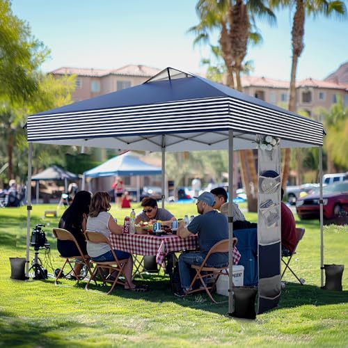 PHI VILLA 10x10 Pop Up Canopy Tent - One Push Setup, Instant Shade Tent with Vented Roof for Beach & Events - Includes Storage Bag, Sandbags, Stakes & Ropes (Navy Stripe) - color: Blue Stripe, size: 10×10 one push