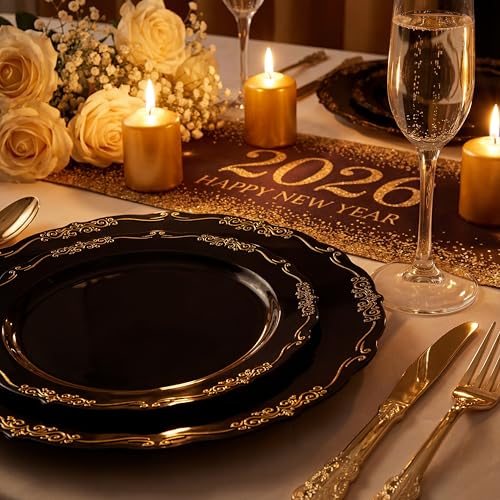 U-QE 100PCS Black and Gold Plastic Plates - Heavy Duty Black Disposable Plates Including 50PCS 10'' Dinner Plates & 50PCS 7.5'' Dessert Plates - Hard Plastic Plates for Party - color: Black/Gold