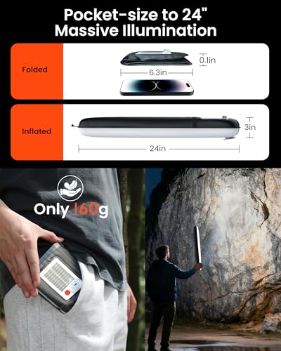 24" Inflatable Solar Camping Lantern,Magnetic LED Tube Light with USB-C 2000mAh Phone Charger,IP66 Waterproof TPU Tent Light for Hurricane Emergency,Backpacking & Off-Grid Survival (Black) - color: Black, size: 24in