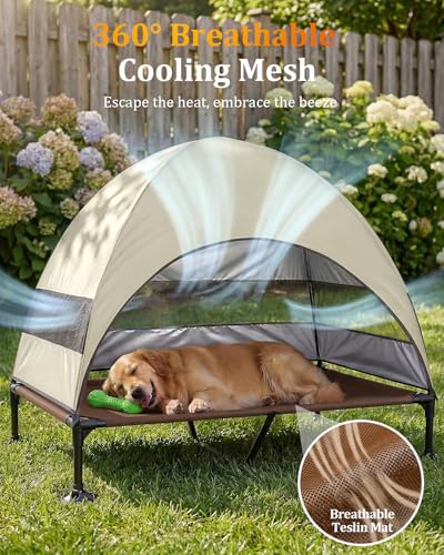 Elevated Dog Bed with Canopy - 3-Sided UV Protection Pet Tent with Wider Shade, Raised Cooling Outdoor Dog Cot with Breathable Mesh for Medium Large Dogs, Portable Bed for Camping, Patio (Khaki, XL) - color: Khaki, size: X-Large