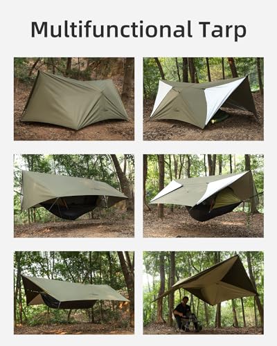 Ultralight Tarp, 14ft Hammock Rain Fly Lightweight Waterproof Camping Tent Tarp with Doors, Bushcraft Tarp Shelter for Backpacking Hiking Camping - color: Army