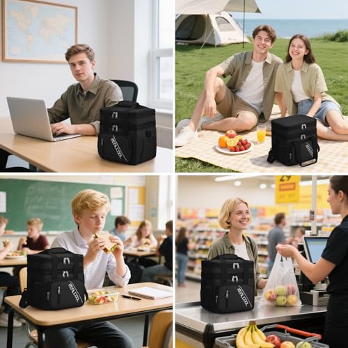 RealCool Lunch Bag, Insulated Lunch Box for Men Women, Double Deck Leakproof Soft Cooler Bag with Adjustable Strap, Reusable Lunchbox for Work, Travel, Camping (Black) - color: Black