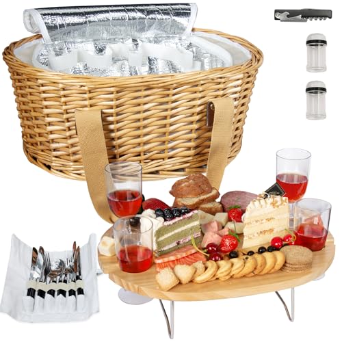 Hap Tim Wicker Picnic Basket Set for 4 with Mini Folding Wine Picnic Table & Large Insulated Cooler Bag & Cutlery Service Kits for 4 Person, Couples Gifts, Wedding Gifts (Y2209-4-CM) - color: Cream White, size: 4 person