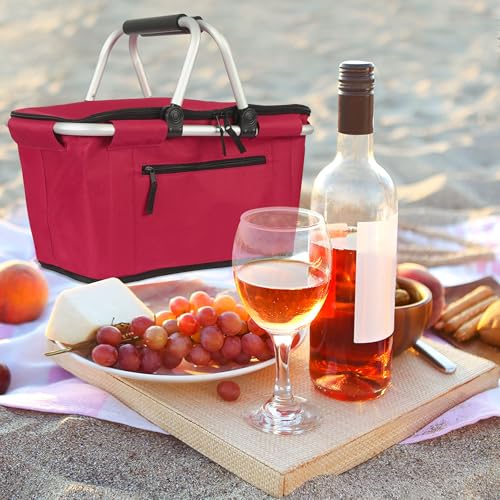 Picnic Basket, SIYUAN 27L Collapsible Insulated Farmers Market Basket for Shopping Traveling Large Grocery Tote Bag with Handles Red - color: Red