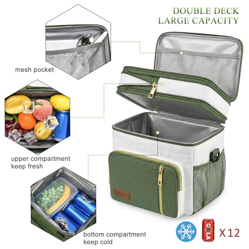 MIYCOO Lunch Bag & Lunch Box for Women Men - Double Deck Leakproof Insulated Soft Large Adult Camping Cooler Bag for Work, Beach, Picnic, Travel (Green White, 15L) - color: Green White