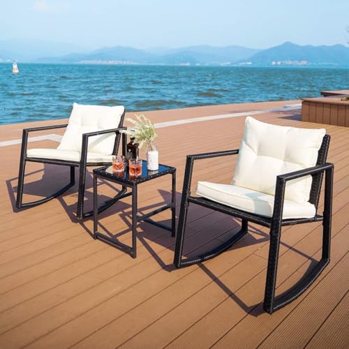Pamapic Patio Sets, Outdoor 3 Piece Rocking Bistro Set, Black Wicker Furniture-Two Chairs with Glass Coffee Table