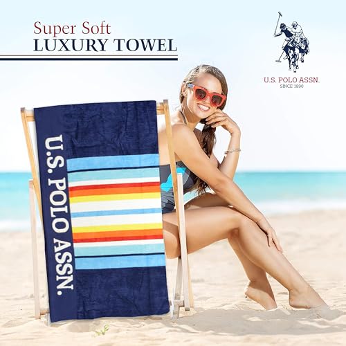U.S. Polo Assn. Oversized (40” x 70”) Striped Nautical Design Beach Towel - Luxury Plush Cotton Hotel Quality for Bath, Pool - Oahu Stripe - color: Navy/Light Blue, size: 40" x 70"