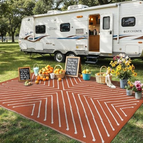 Garvee 6x9 Striped Outdoor Patio Rug Waterproof Reversible Lightweight RV Camping Mat for Porch, Deck, Beach, Backyard, Balcony, Lawn, Garden, UV Protected Modern Striped Outdoor Rugs, Orange&White. - color: Orangewhite, size: 6' x 9' (Rectangular)