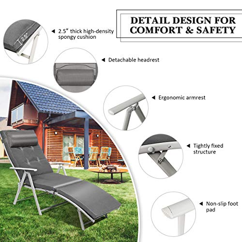 Tangkula Outdoor Folding Chaise Lounge Chair, Lightweight Recliner Chair w/ 7 Adjustable Backrest Positions, Patio Reclining Beach w/Removable Cushion & Pillow for Patio Poolside No Assembly Required - color: Grey