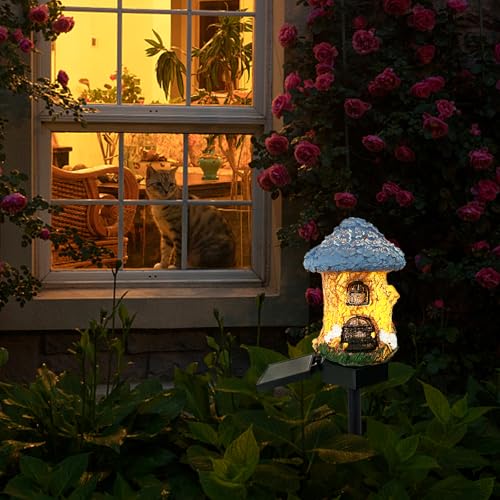 Mushroom Solar Lights Outdoor, Waterproof Fairy Houses Light Mushroom Garden Decor Decorative Solar Powered Garden Stake Lights for Outside Lawn Walkway Patio Yard (Bunkhouse) - color: Brown