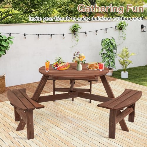 Zevemomo 6 Person Wood Picnic Table, Round Tabletop with Umbrella Hole, 3 Built-in Curved Benches, 1720LBS Total Capacity for Patios, Backyard, Brown - color: Brown, style: 6-Person
