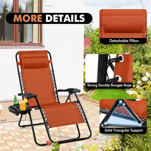 Giantex Zero Gravity Reclining Chair, Outdoor Patio Recliner with Cup Holder & Removable Pillow, Adjustable Backrest, Indoor Lounge Chair for Backyard, Garden, Poolside (Orange) - color: Orange, size: 1 Count (Pack of 1)