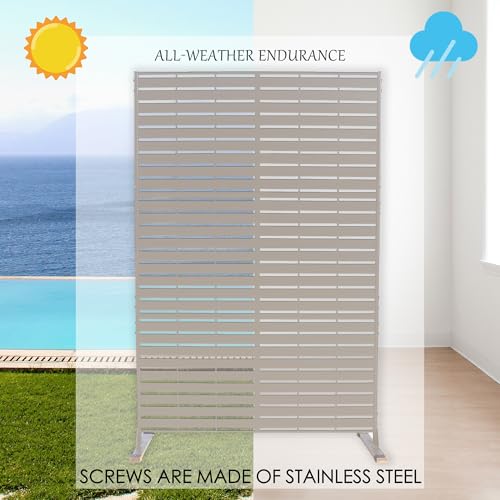 Kozyard Metal Privacy Screen 74" H x 47.2" W Decorative Outdoor Divider with Stand Panels Freestanding Screen Set for Deck Patio Balcony Garden Outdoor&Indoor (Beige/Horizontal Slat) - color: Beige/Horizontal Slat