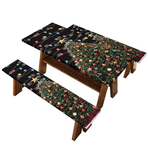 Christmas Tree Elastic Picnic Table Cover with Bench Covers Colored Lights Xmas Decoration Camping Table Cloth for Picnic Table 3 PCS Set Size S/L - color: Christmas Tree Colored Lights Decoration, size: Small