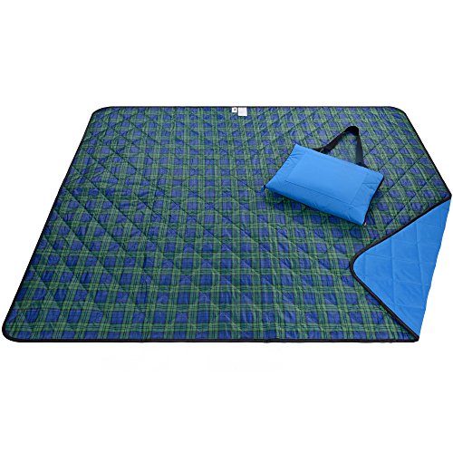 Beach Blanket Sand Proof & Outdoor Picnic Blanket - Water Resistant, Large Mat for Camping or Travel. Washable, Foldable, Easy Carry Compact Tote Bag (Green/Blue Plaid)