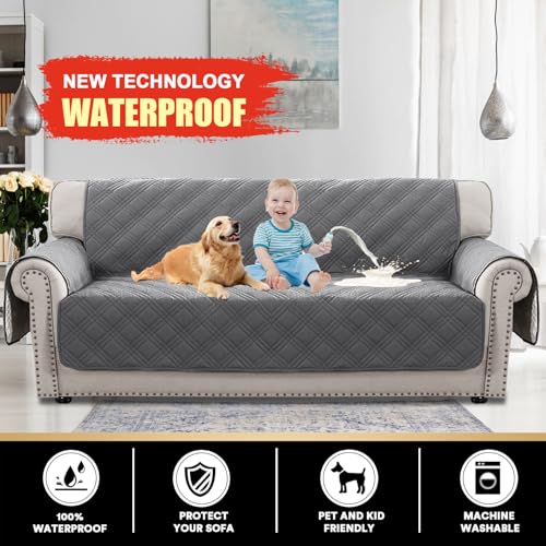 PrinceDeco 100% Waterproof Couch Cover for 3 Cushion Couch Sofa Pet Friendly Non-Slip Couch Cover for Dogs Washable Water Resistant Furniture Protector with Elastic Straps(Sofa 68", Grey) - color: Grey, size: Sofa