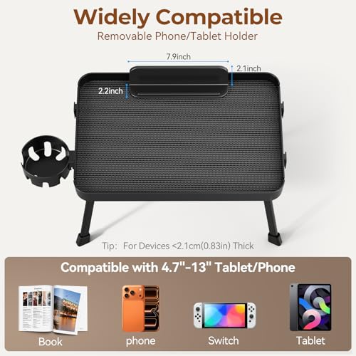 KDD Bed Tray Table with Folding Legs,Breakfast Tray with Removable Cup Holder & Phone Tablet Holder,Foldable Lap Tray for Bed, Sofa,Laptop Desk,Working,Snack, Kitchen Serving Tray,TV Table,Reading