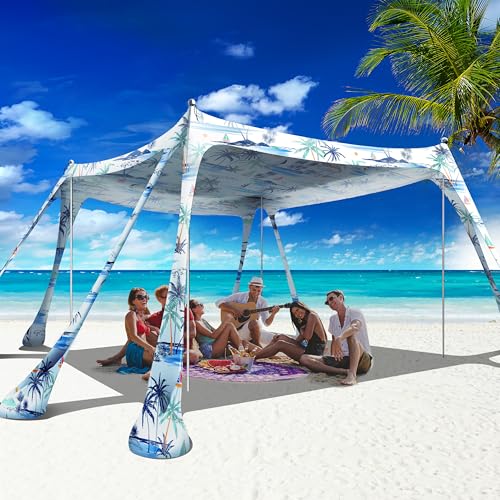 Beach Canopy Beach Tent Pop Up Shade 10x10ft Sun Shelter UPF50+ with 8 Sandbags-2 Sand Shovel-4 Aluminum Poles-Ground Pegs-Portable Carrying Bag for Outdoor Family Camping Fishing Yard Picnic - color: Coconut Tree