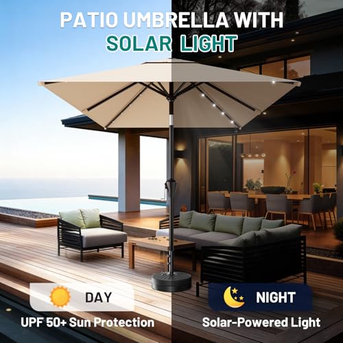 AreShark 6.5' x 10' Rectangular Patio Umbrella with Solar Lights, Solar Powered Lighted Market Umbrella w/Tilt and Crank, Outdoor Table Umbrella for Garden, Deck, Backyard, Pool and Beach, Beige - color: Beige, size: 6.5 X 10 FT