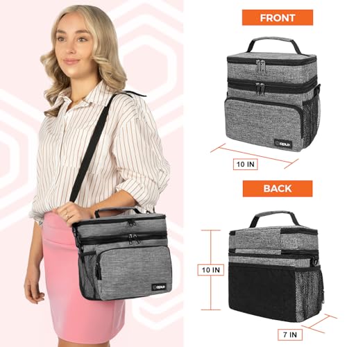 opux Insulated Lunch Bag for Men Women, Large Dual Compartment Cooler Bag, Soft Two Deck Lunch Box for Work School Picnic, Leakproof Lunch Tote with Shoulder Strap for Kid Adult (Gray, Double Deck) - color: Heather Gray, size: Double Deck