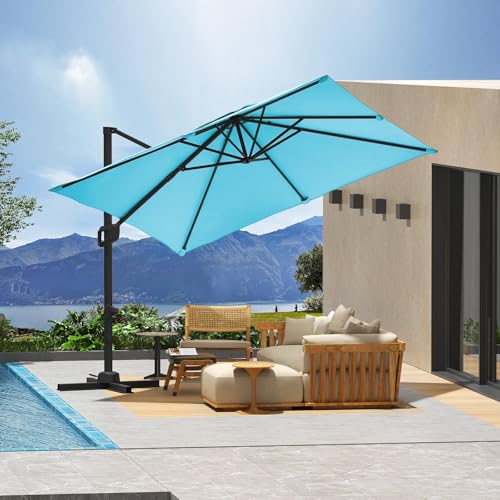 9ft Outdoor Patio Umbrella Heavy Duty 8 Ribs, Waterproof UV Protection Sun Shade with Crank Lift & Push Button Tilt, Outdoor Umbrella for Deck, Pool, Garden, Backyard, Lawn - color: Turquoise Blue&Square, size: 10FT Roman