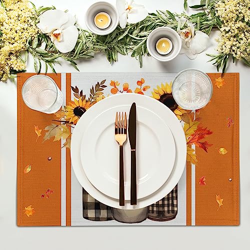 Sunflower Fall Placemats Set of 4, Linen Buffalo Check Plaid Autumn Flower Leaves Table Place Mats for Farmhouse Holiday Harvest Thanksgiving Kitchen Dining Party Decor 12x18 Inch - color: Fall Sunflower