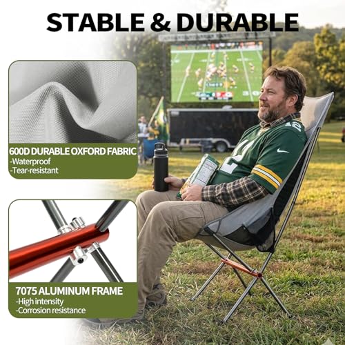 SHALLWE Camping Chairs, All Aluminum Frame Portable Folding Camp Chair for Adults, Heavy Duty High Back Collapsible with Built-in Pillow, Side Pocket, Carry Bag for Backpacking, Hiking, Beach - color: Grey