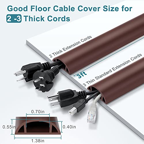 Cord Hider Floor, 3FT, Brown Cord Cover Floor, Cord Protector Floor Extension Cable Cover, Soft PVC Wire Covers - Cable Management Hide Cords on Floor - Cord Cavity: 0.7" (W) x 0.4"(H) - color: Brown, size: Large-3ft