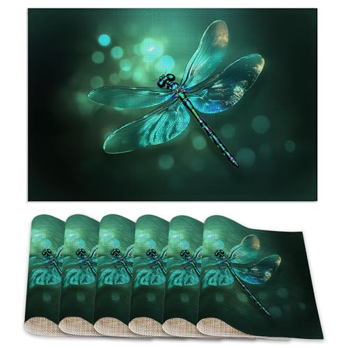 Placemats Set of 6,Green Dragonfly Table Mats,Glass Dragonfly Washable Linen Table Mats,Non-Slip Heat Resistant Placemats for Party Kitchen Dining Indoor Outdoor 12"x18" - color: Green Dragonfly,glass Dragonfly