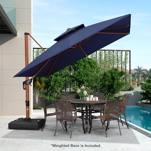 PURPLE LEAF Patio Umbrella with Base Outdoor Square Large Cantilever Umbrella Windproof Offset Heavy Duty Sun Umbrella for Garden Deck Pool Patio, 9ft Navy Blue - color: Navy Blue, size: 9'X9', style: Base Included