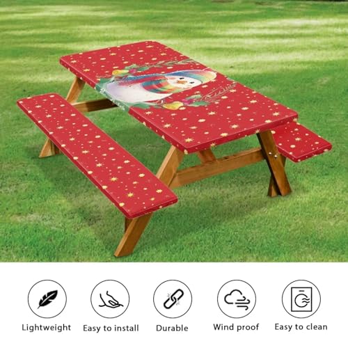 Camping Tablecloth with Elastic Band for Camping Party Supplies Christmas Snowman Picnic Table Cover with Bench Covers 3 PCS - color: Christmas Snowman, size: Small