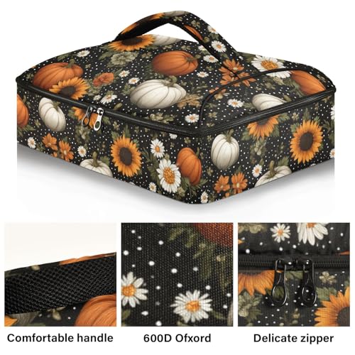 Casserole Carriers for Hot or Cold Food Reusable Casserole Dish Carrier Insulated Thermal Large Capacity Durable Perfect for Party Camping Family Gatherings Yellow Fish - color: Black Dotty Pumpkins Sunflowers Daisy