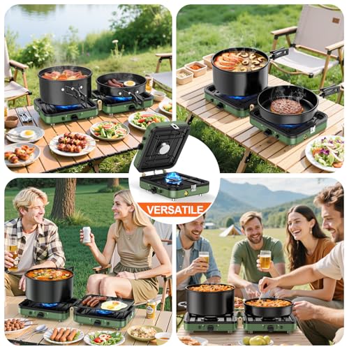 Propane 2-Burner Foldable Camping Stove with Carry Bag, Portable Propane Camp Stoves with Adjustable Burners & Piezo Ignition for Outdoor Cooking, Tailgating, Backyard Gathering(Griddle Not Included)