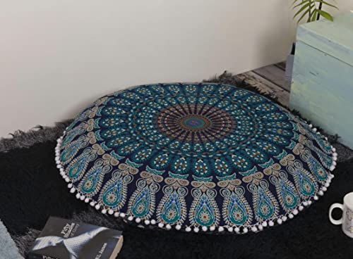 Popular Handicrafts Kp834 Large Hippie Mandala Floor Pillow Cover - Cushion Cover - Pouf Cover Round Bohemian Yoga Decor Floor Cushion Case- 32" Blue Tarqouish - color: Blue Tarquoish, size: 32" x 32" (Pack of 1)