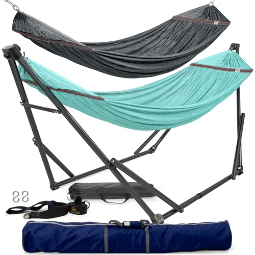 Tranquillo Combo x2 Hammocks with Stand for Outside & Tree Straps, Heavy Duty Hammock with Stand 600lbs for Indoor Outdoor Patio Backyard, x2 Hammocks for 2 Person (Combo - Sky, Medium) - color: Combo - Sky