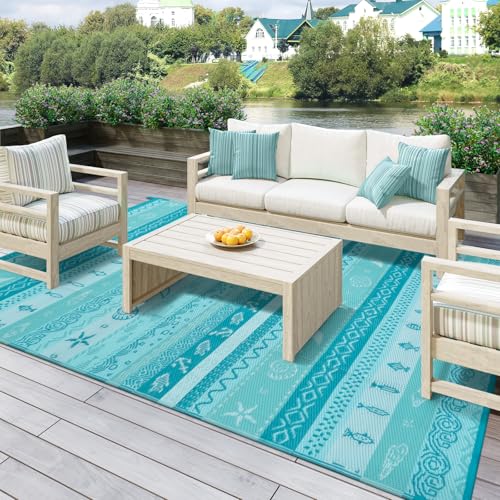 Lahome Outdoor Plastic Straw Rug, Reversible Outdoor Rug Waterproof 9x12 Rugs for Patio, RV Camping Rug Picnic Mat Outside Large Carpet for Beach Deck Backyard Balcony(Blue/Multi,9'x 12') - color: Blue, size: 9'x12'