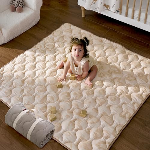 Momcozy Baby Play Mat for Floor, 50"x50" Thickened Playpen Mat, Playmate for Baby Tummy Time, Waterproof & Non-Slip, Foldable Outdoor Mat with Carrying Handle, Leopard - color: Leopard Brown, size: 50" X 50"