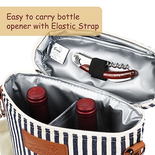 Tirrinia 2 Bottle Insulated Wine Tote Carrier - Leakproof, Padded Cooler Bag for Travel, BYOB, Tasting, Parties - Great Gift for Wine Lovers, Striped - color: Blue Stripe, size: 2 Bottle-without front pocket
