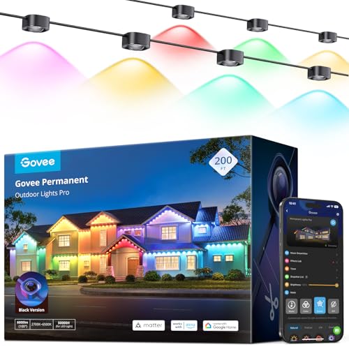Govee Permanent Outdoor Lights Pro, 200ft with 120 RGBIC LED Lights for Daily and Accent Lighting, 75 Scene Modes for Patio Decor, IP67 Waterproof, Works with Alexa, Google Assistant, Matter, Black - color: Black, size: 200ft