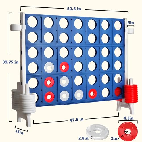 Jumbo 4-to-Score Game Set, Giant 4-in-a-Row Tic Tac Toe for Outdoor Yard & Indoor Party, 4 FT Family Games for Teens and Adults with 42 Big Rings