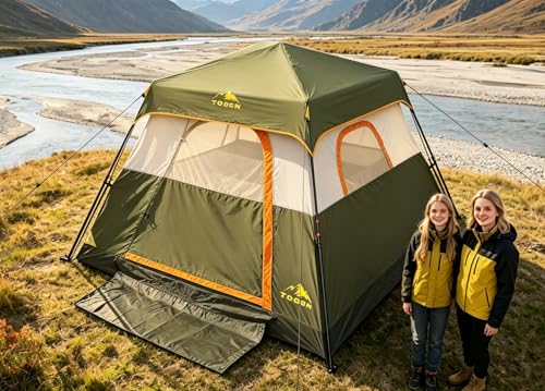 3/4 Person Camping Tent with 1 Door, 4 Windows, and Upgraded Ventilation– Instant Setup, Waterproof, 8'x 8'x 67''Oxford Fabric Floor Pop Up in 60 Seconds Includes Rainfly and Backpack - color: 4 Person Army Green